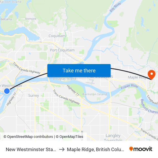 New Westminster Station to Maple Ridge, British Columbia map