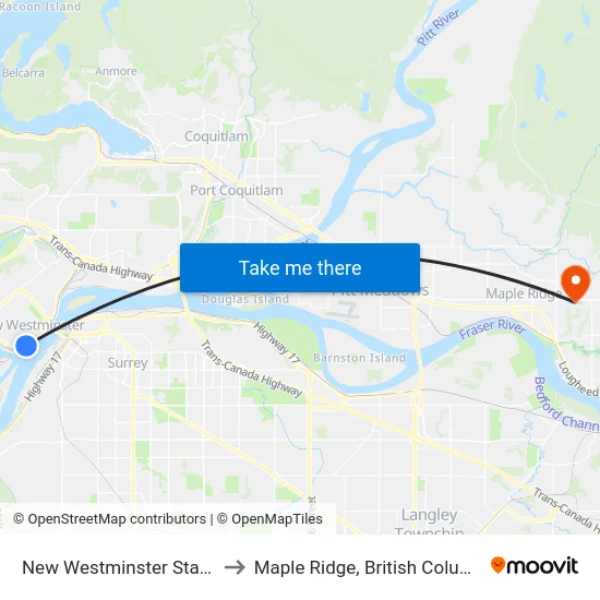 New Westminster Station to Maple Ridge, British Columbia map