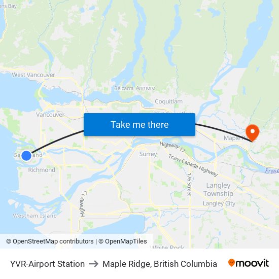 YVR-Airport Station to Maple Ridge, British Columbia map
