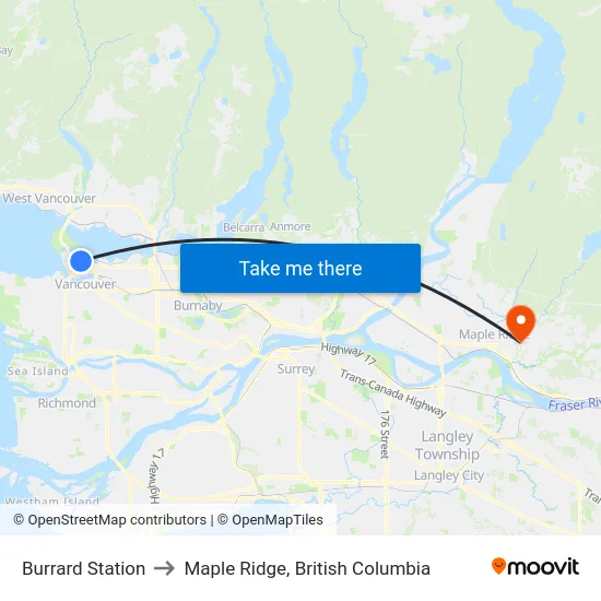 Burrard Station to Maple Ridge, British Columbia map