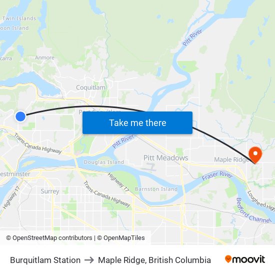 Burquitlam Station to Maple Ridge, British Columbia map