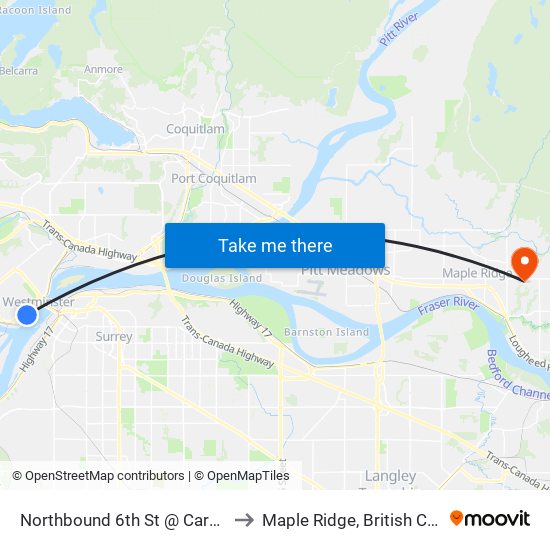 Northbound 6th St @ Carnarvon St to Maple Ridge, British Columbia map