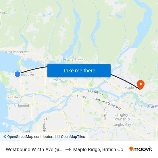 Westbound W 4th Ave @ Yew St to Maple Ridge, British Columbia map