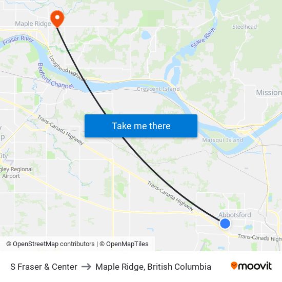 S Fraser & Center to Maple Ridge, British Columbia map
