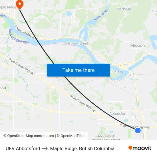 UFV Abbotsford to Maple Ridge, British Columbia map
