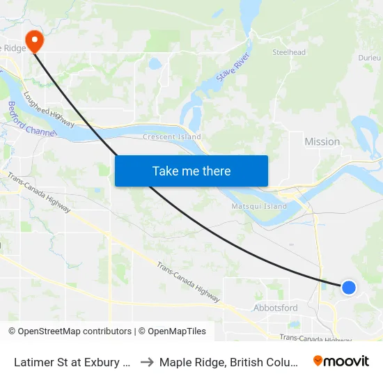 Latimer St at Exbury Ave to Maple Ridge, British Columbia map