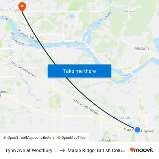 Lynn Ave at Westbury Ave to Maple Ridge, British Columbia map