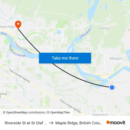 Riverside St at St Olaf Ave to Maple Ridge, British Columbia map
