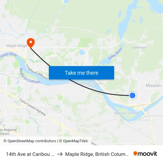 14th Ave at Caribou St to Maple Ridge, British Columbia map