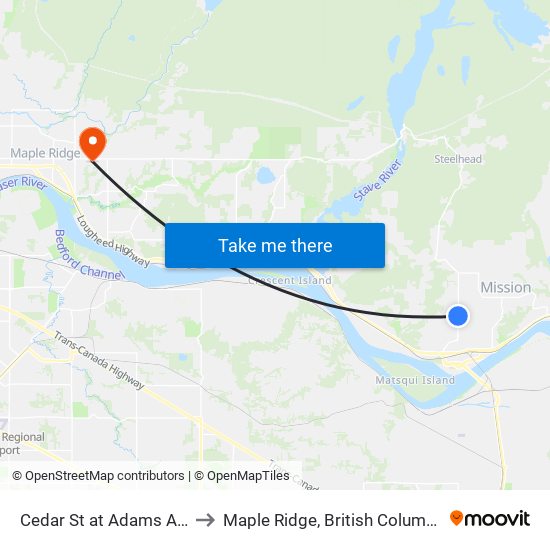 Cedar & Adams to Maple Ridge, British Columbia map