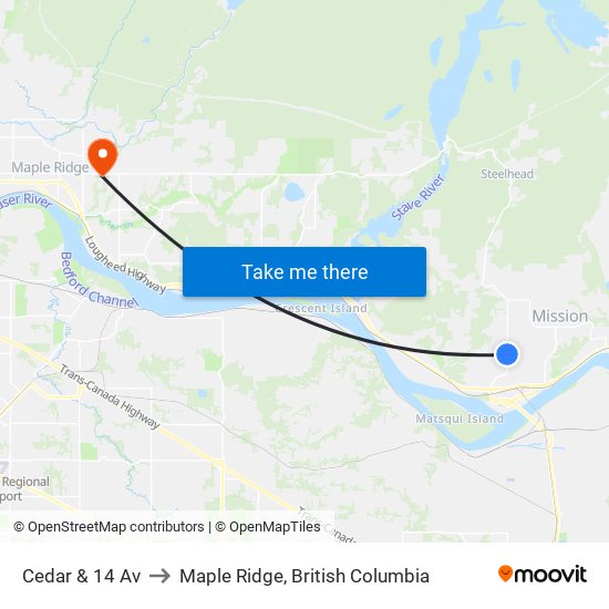 Cedar & 14 Av to Maple Ridge, British Columbia map