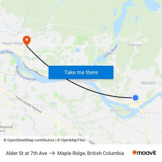 Alder St at 7th Ave to Maple Ridge, British Columbia map