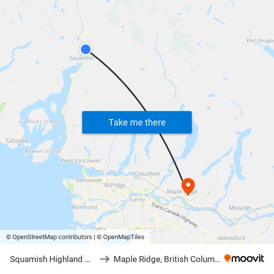 Squamish Highland Mall to Maple Ridge, British Columbia map