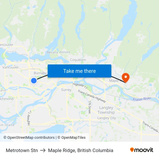Metrotown Stn to Maple Ridge, British Columbia map