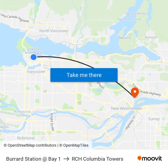 Burrard Station @ Bay 1 to RCH Columbia Towers map