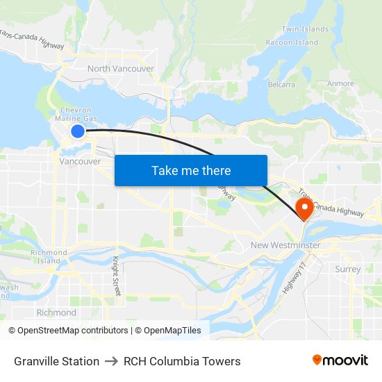 Granville Station to RCH Columbia Towers map