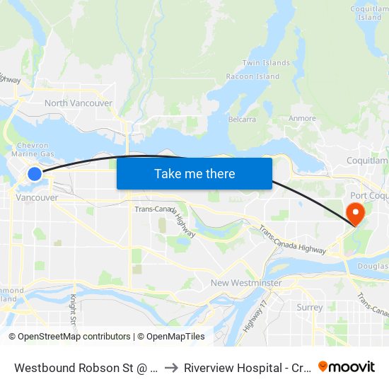 Westbound Robson St @ Hamilton St to Riverview Hospital - Crease Clinic map