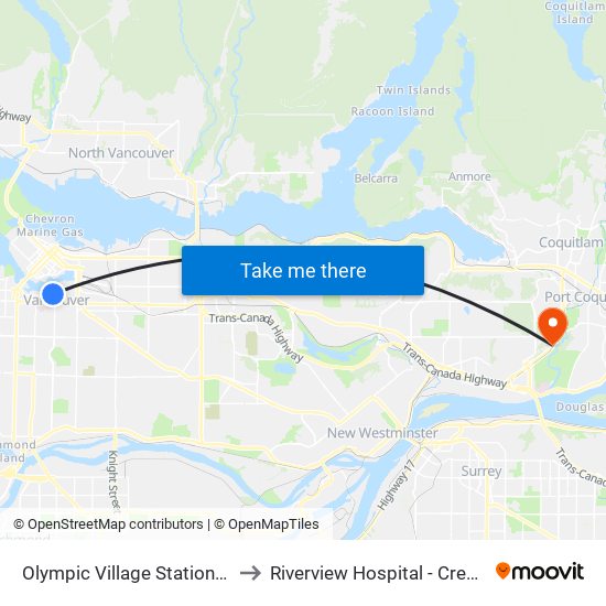 Olympic Village Station @ Bay 1 to Riverview Hospital - Crease Clinic map