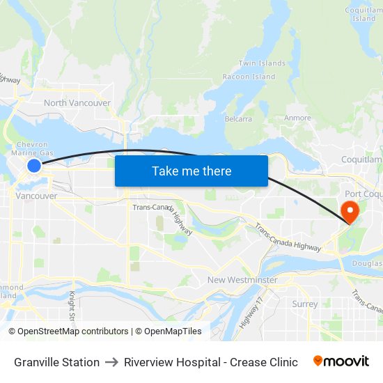 Granville Station to Riverview Hospital - Crease Clinic map