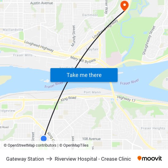 Gateway Station to Riverview Hospital - Crease Clinic map
