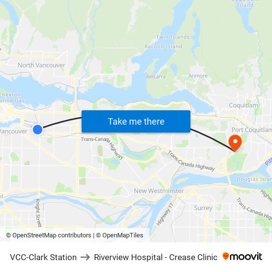 VCC-Clark Station to Riverview Hospital - Crease Clinic map