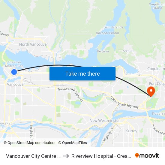 Vancouver City Centre Station to Riverview Hospital - Crease Clinic map