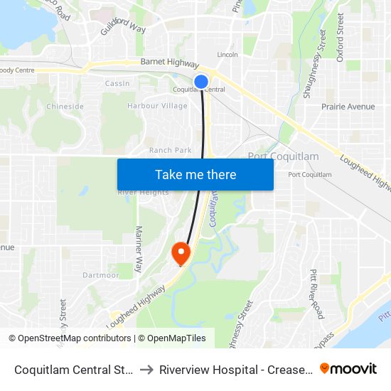 Coquitlam Central Station to Riverview Hospital - Crease Clinic map