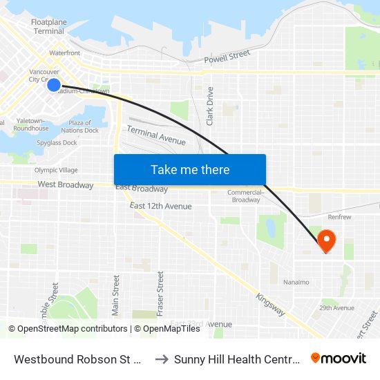 Westbound Robson St @ Hamilton St to Sunny Hill Health Centre for Children map