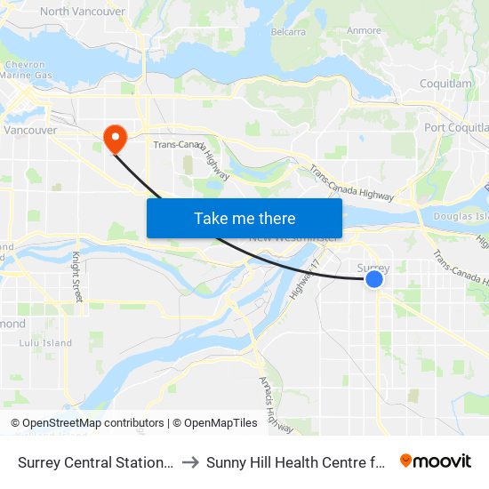 Surrey Central Station @ Bay 2 to Sunny Hill Health Centre for Children map