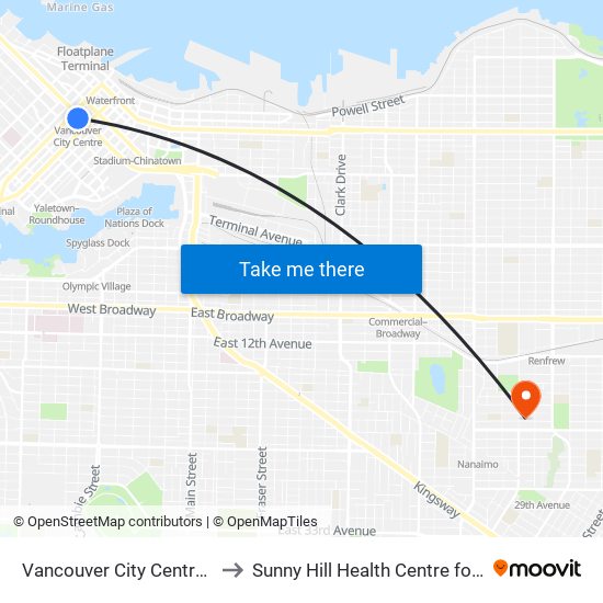 Vancouver City Centre Station to Sunny Hill Health Centre for Children map