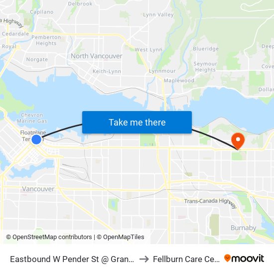 Eastbound W Pender St @ Granville St to Fellburn Care Center map
