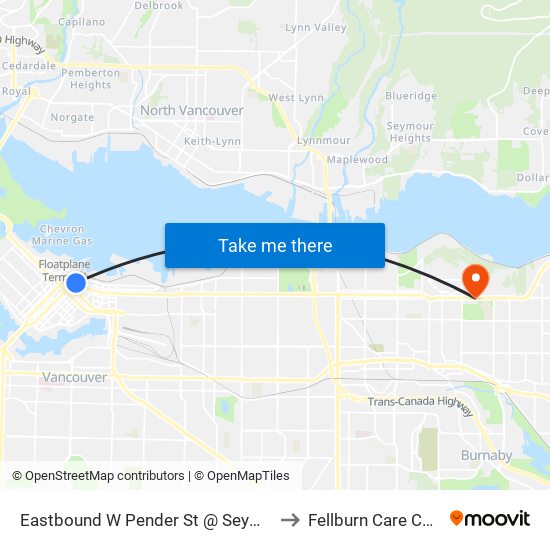 Eastbound W Pender St @ Seymour St to Fellburn Care Center map