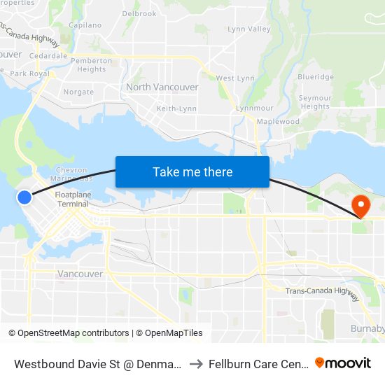 Westbound Davie St @ Denman St to Fellburn Care Center map