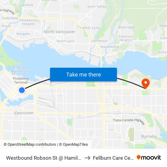 Westbound Robson St @ Hamilton St to Fellburn Care Center map