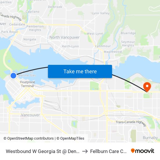 Westbound W Georgia St @ Denman St to Fellburn Care Center map