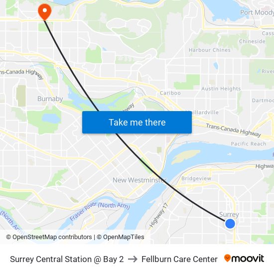 Surrey Central Station @ Bay 2 to Fellburn Care Center map