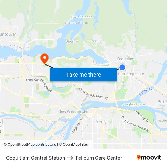 Coquitlam Central Station to Fellburn Care Center map