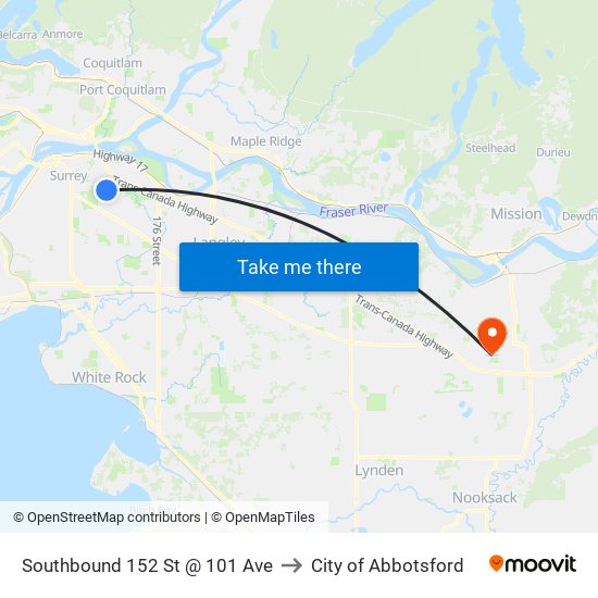 Southbound 152 St @ 101 Ave to City of Abbotsford map