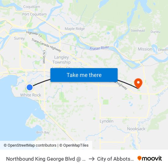 Northbound King George Blvd @ 152 St to City of Abbotsford map