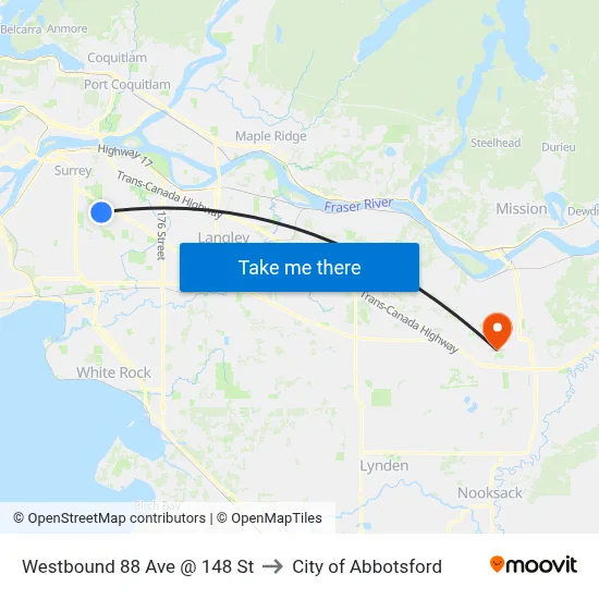 Westbound 88 Ave @ 148 St to City of Abbotsford map