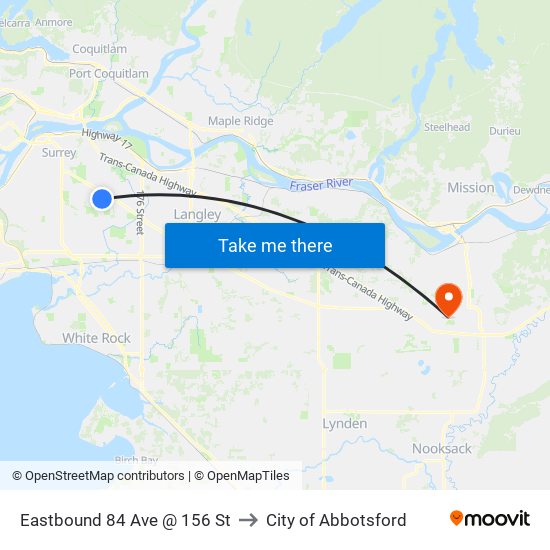 Eastbound 84 Ave @ 156 St to City of Abbotsford map