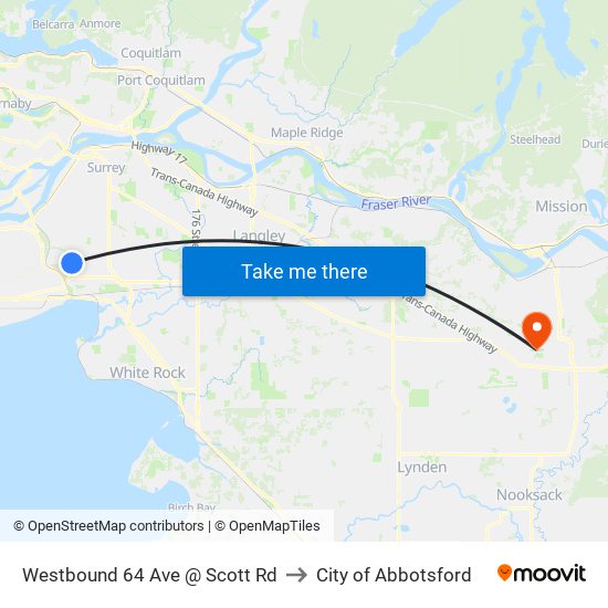 Westbound 64 Ave @ Scott Rd to City of Abbotsford map