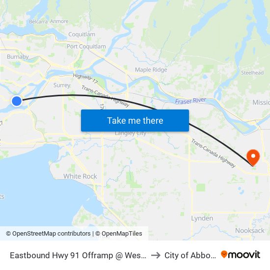 Eastbound Hwy 91 Offramp @ Westminster Hwy to City of Abbotsford map