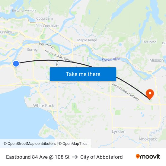 Eastbound 84 Ave @ 108 St to City of Abbotsford map