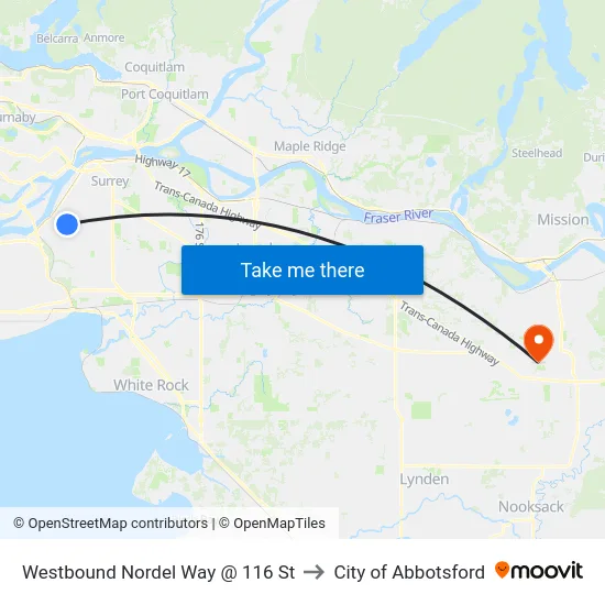 Westbound Nordel Way @ 116 St to City of Abbotsford map
