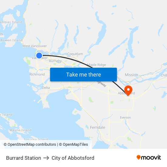 Burrard Station to City of Abbotsford map