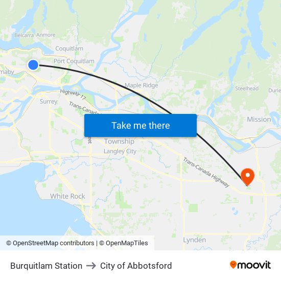 Burquitlam Station to City of Abbotsford map