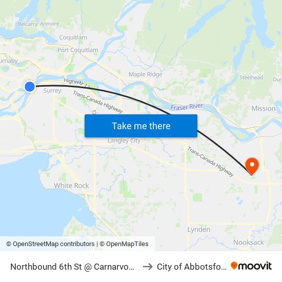 Northbound 6th St @ Carnarvon St to City of Abbotsford map