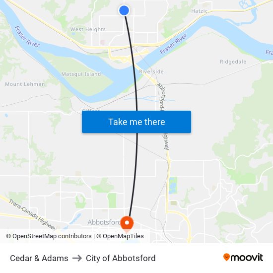 Cedar & Adams to City of Abbotsford map