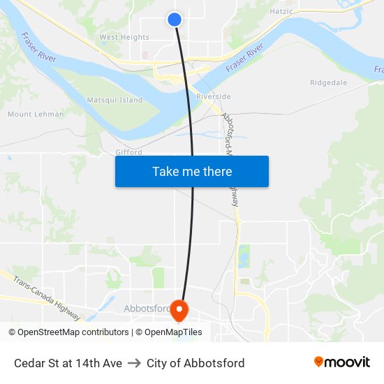 Cedar St at 14th Ave to City of Abbotsford map